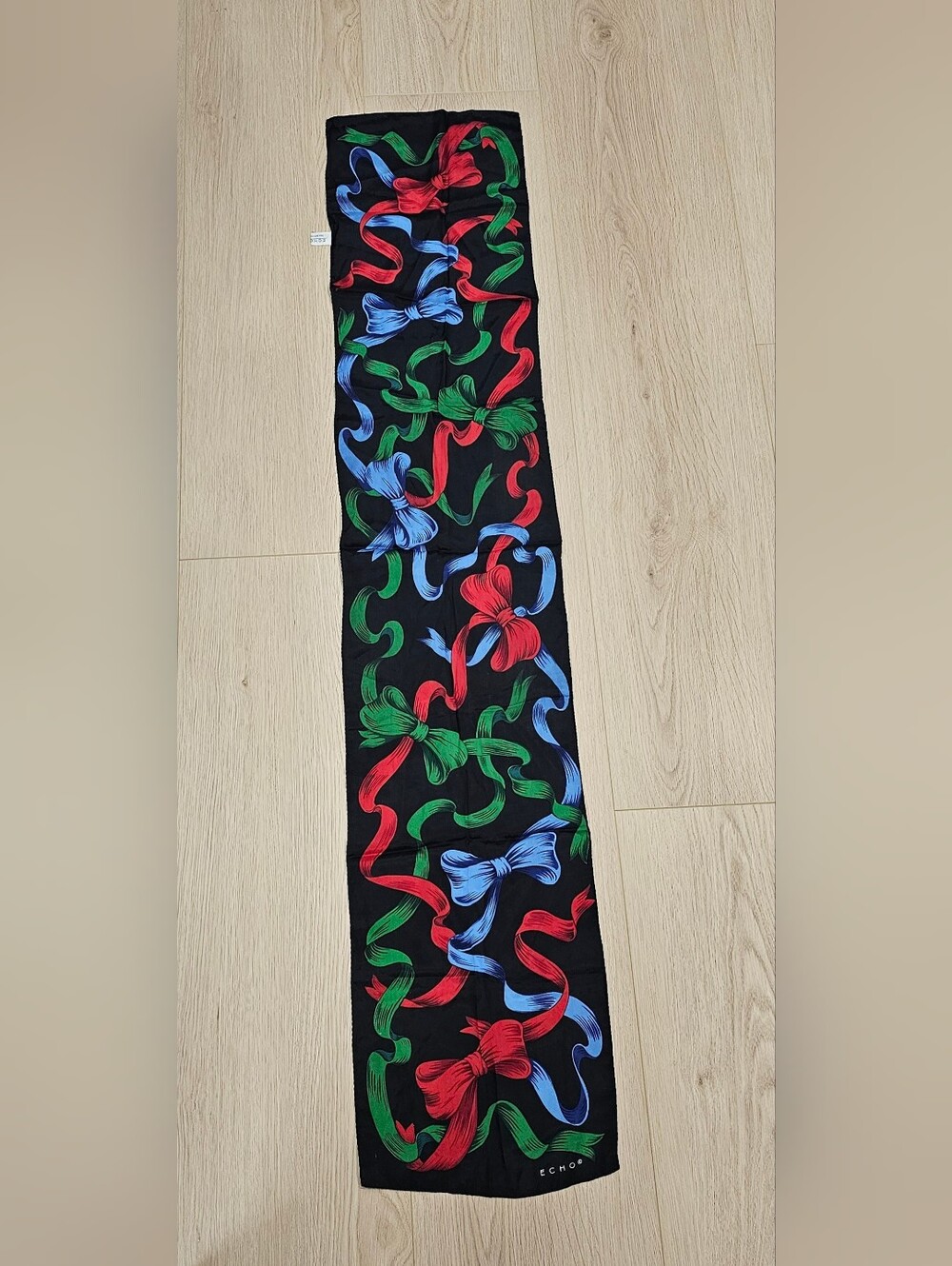 Vintage Echo 100% Silk Oblong Scarf Black Multicolor Ribbon Bow Print 51x10